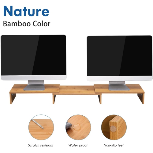 NIERBO Dual Monitor Stand - 3 Shelf Computer Monitor Riser, Wood Desktop Stand with Adjustable Length and Angle, Desk Accessories, Office Supplies