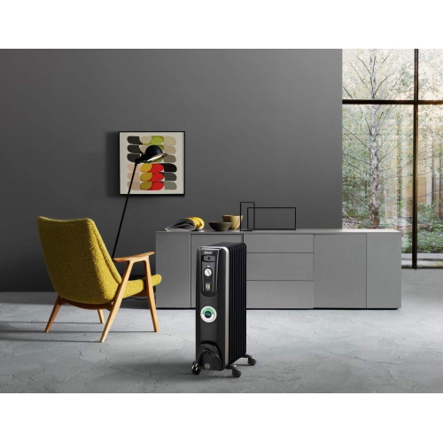 DeLonghi Oil-Filled Radiator Space Heater, Quiet 1500W, Adjustable Thermostat, 3 Heat Settings, Energy Saving, Safety Features, Black, Comfort Temp