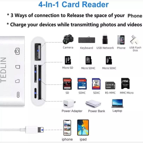 4 in 1 Lightning to SD & TF Card USB Camera Adapter with Charging Port for iPhone/iPad Card Reader for USB Flash Drive, Keyboard, Mouse, Hubs, MIDI,
