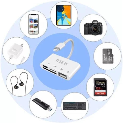4 in 1 Lightning to SD & TF Card USB Camera Adapter with Charging Port for iPhone/iPad Card Reader for USB Flash Drive, Keyboard, Mouse, Hubs, MIDI,