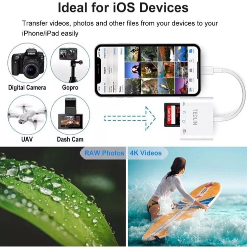 4 in 1 Lightning to SD & TF Card USB Camera Adapter with Charging Port for iPhone/iPad Card Reader for USB Flash Drive, Keyboard, Mouse, Hubs, MIDI,