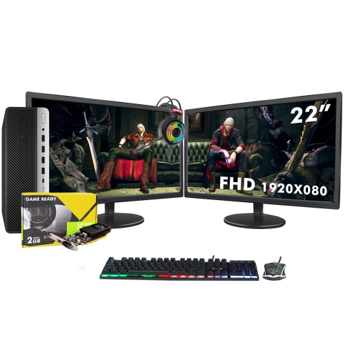 Refurbished HP ProDesk 600 G3 SFF Desktop - New Dual 22-inch FHD Monitor, Intel Core i5-6th Gen, 16GB RAM, 512GB SSD, GT 1030, Win 10 Pro, Gaming