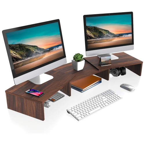 NIERBO  Dual Monitor Stand - 3 Shelf Computer Monitor Riser, Wood Desktop Stand \w Adjustable Length And Angle, Desk Accessories, Office Supplies