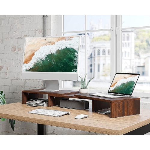 NIERBO Dual Monitor Stand - 3 Shelf Computer Monitor Riser, Wood Desktop Stand with Adjustable Length and Angle, Desk Accessories, Office Supplies