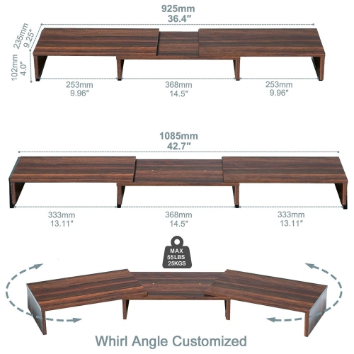 NIERBO Dual Monitor Stand - 3 Shelf Computer Monitor Riser, Wood Desktop Stand with Adjustable Length and Angle, Desk Accessories, Office Supplies