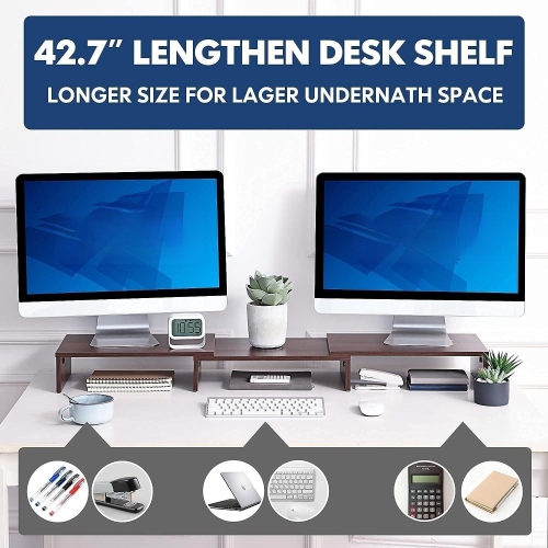 NIERBO Dual Monitor Stand - 3 Shelf Computer Monitor Riser, Wood Desktop Stand with Adjustable Length and Angle, Desk Accessories, Office Supplies