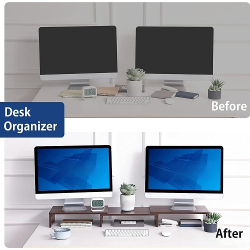 NIERBO Dual Monitor Stand - 3 Shelf Computer Monitor Riser, Wood Desktop Stand with Adjustable Length and Angle, Desk Accessories, Office Supplies