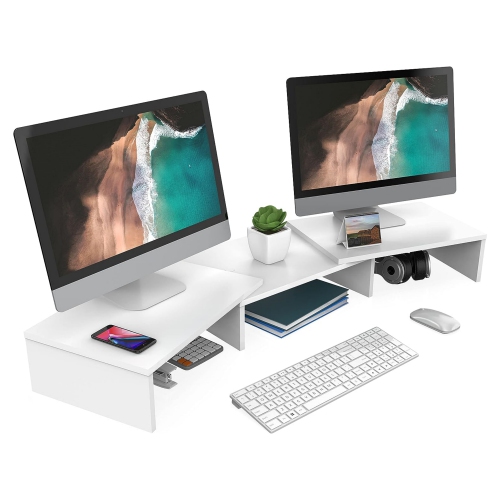 NIERBO  Dual Monitor Stand - 3 Shelf Computer Monitor Riser, Wood Desktop Stand \w Adjustable Length And Angle, Desk Accessories, Office Supplies