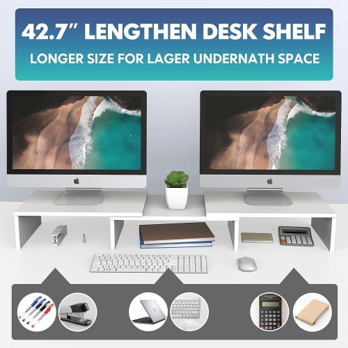 NIERBO Dual Monitor Stand - 3 Shelf Computer Monitor Riser, Wood Desktop Stand with Adjustable Length and Angle, Desk Accessories, Office Supplies