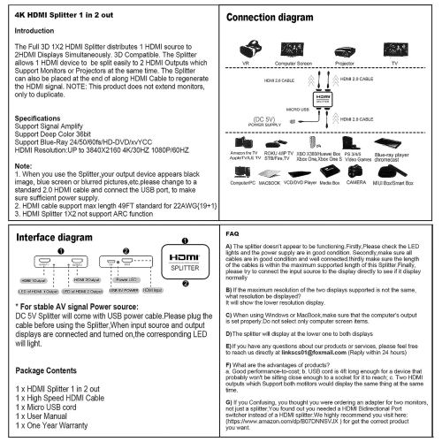 NIERBO HDMI Splitter 1 in 2 Out, 4K HDMI Splitter with 4FT HDMI Cable for Dual Monitors Duplicate/Mirror Only, 1x2 HDMI Splitter 1 to 2 Amplifier for