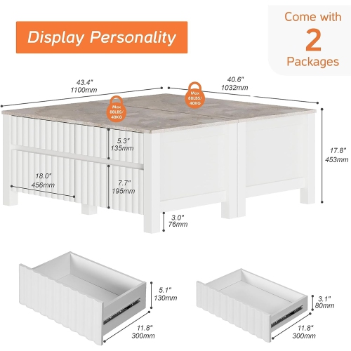 WAMPAT – tables basses 2-en-1 avec rangement, table centrale rectangulaire moderne avec tiroirs coulissants pour la chambre à coucher du salon, blanc
