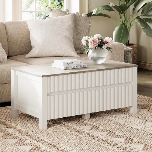 WAMPAT Modern Coffee Table with 2 Large&Small Storage Drawers, Center Table with Thick Wood Legs,Rectangle Cocktail Table for Living Room Bedroom,