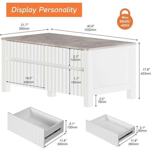 WAMPAT Modern Coffee Table with 2 Large&Small Storage Drawers, Center Table with Thick Wood Legs,Rectangle Cocktail Table for Living Room Bedroom,