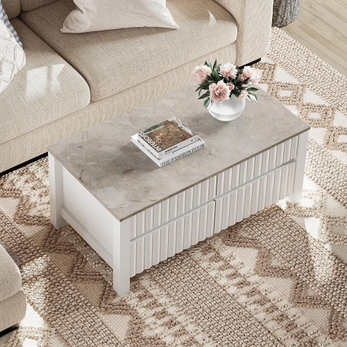WAMPAT Modern Coffee Table with 2 Large&Small Storage Drawers, Center Table with Thick Wood Legs,Rectangle Cocktail Table for Living Room Bedroom,