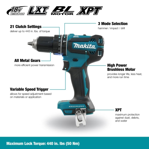 Makita DHP485Z 18V LXT Brushless Cordless 1/2" Variable 2-Speed Hammer Driver-Drill with XPT