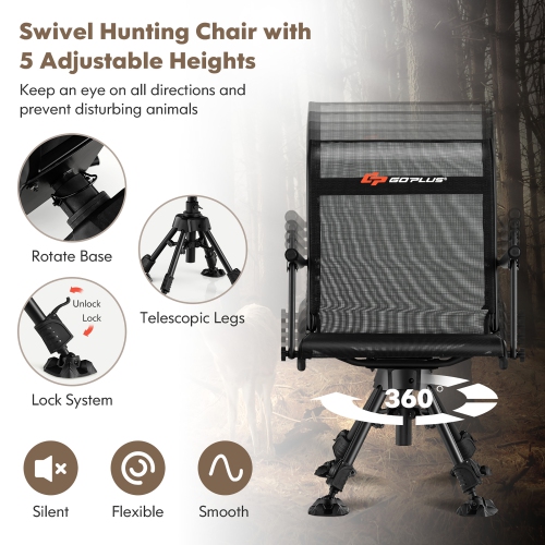 Fauteuil de chasse pivotant Goplus à pattes ajustables et pivotant silencieux et pliable à 4 360°