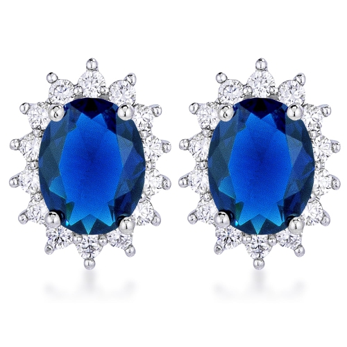 JGI  Rhodium Plated Sapphire Petite Royal Oval Earrings In Blue