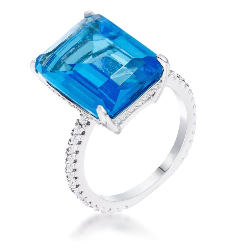 Bague en pavé avec émeraude bleue taille émeraude turquoise plaquée rhodium 15ct ct