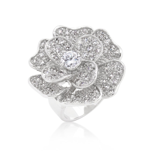 Bague cocktail à grosses fleurs et zircon cubique