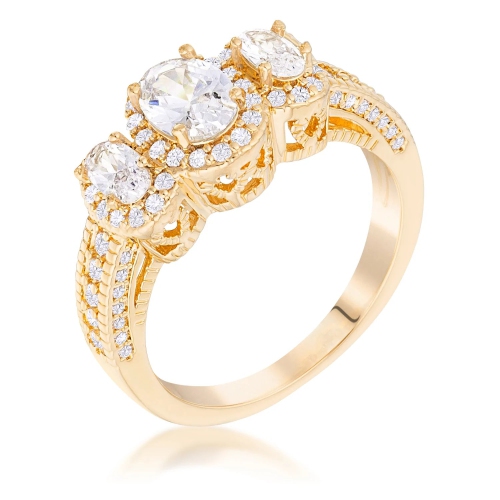 JGI  Plated 3-Stone Clear Oval Cut Cz Halo Ring In Gold