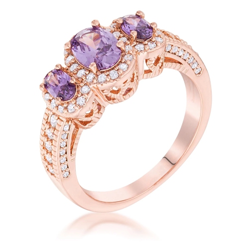 Bague halo à zircon cubique ovale améthyste à taille ovale plaqué or rose 3 pierres