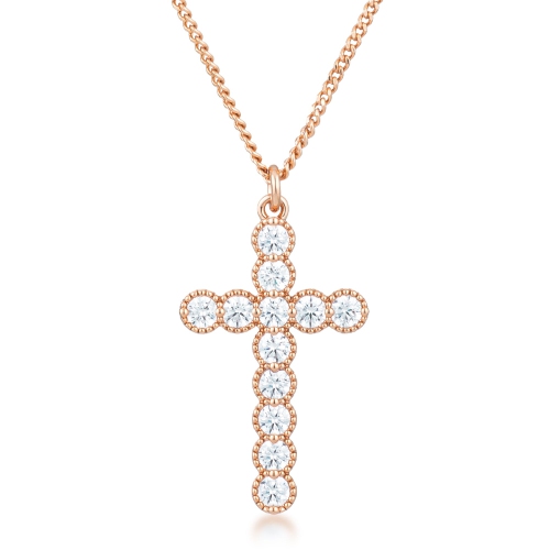 JGI  Micro Beaded Rose Plated Clear Cz Cross Pendant In Gold