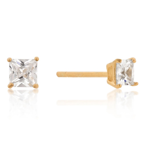 JGI  4MM New Sterling Princess Cut Cubic Zirconia Studs In Gold