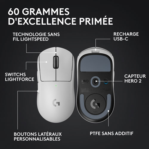 Souris de jeu sans fil à capteur HERO 2 calibre professionnel 60 g de 44 000 ppp taux d'interrogation 8 kHz G PRO X Superlight 2 de Logitech - Blanc