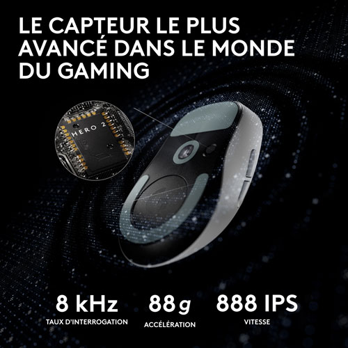 Souris de jeu sans fil à capteur HERO 2 calibre professionnel 60 g de 44 000 ppp taux d'interrogation 8 kHz G PRO X Superlight 2 de Logitech - Blanc