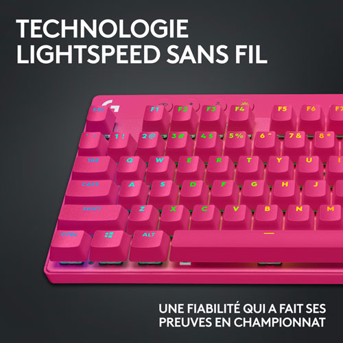 Clavier de jeu mécanique rétroéclairé Bluetooth à touches tactiles sans pavé numérique G PRO X LIGHTSPEED de Logitech - Magenta - Anglais -