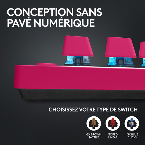 Clavier de jeu mécanique rétroéclairé Bluetooth à touches tactiles sans pavé numérique G PRO X LIGHTSPEED de Logitech - Magenta - Anglais -
