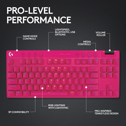 Clavier de jeu mécanique rétroéclairé Bluetooth à touches tactiles sans pavé numérique G PRO X LIGHTSPEED de Logitech - Magenta - Anglais -