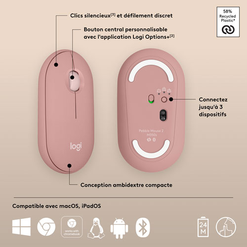 Souris optique Bluetooth de 4000 ppp Pebble 2 M350s de Logitech - Rose tonal