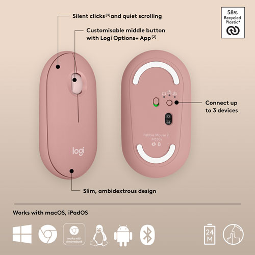 Souris optique Bluetooth de 4000 ppp Pebble 2 M350s de Logitech - Rose tonal