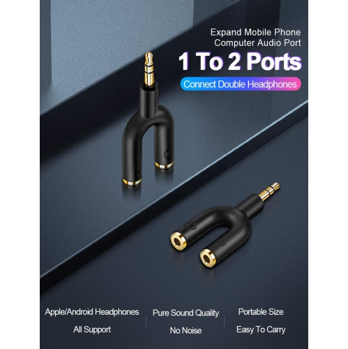 Headphone Splitter, 3.5mm Audio Splitter Adapter, Y Jack Splitter U Shape Connectors 3.5mm Male to 2 Female,Compatible with Headphone,Suitable for
