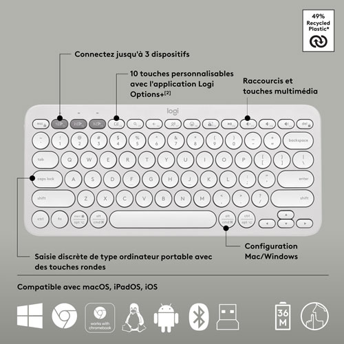 Ensemble avec souris optique et clavier ergonomique Bluetooth Pebble 2 de Logitech - Blanc - Anglais