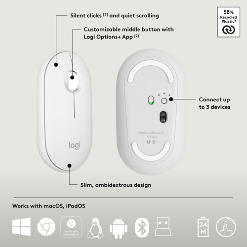 Ensemble avec souris optique et clavier ergonomique Bluetooth Pebble 2 de Logitech - Blanc - Anglais
