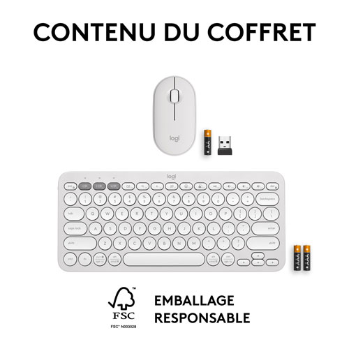 Ensemble avec souris optique et clavier ergonomique Bluetooth Pebble 2 de Logitech - Blanc - Anglais