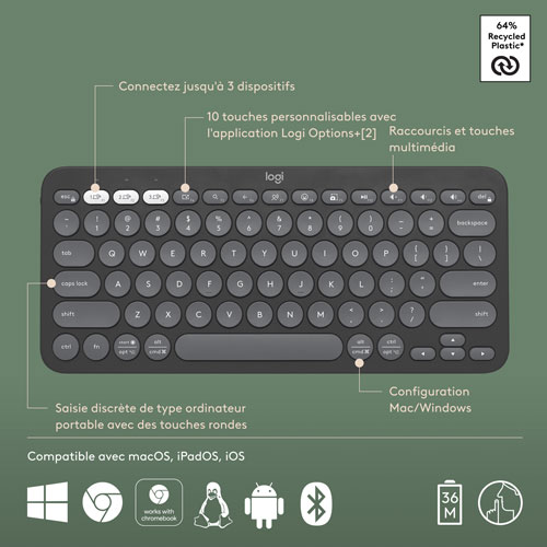 Clavier sans fil mince K380s sans pavé numérique de Logitech avec raccourcis personnalisables - Graphite tonal