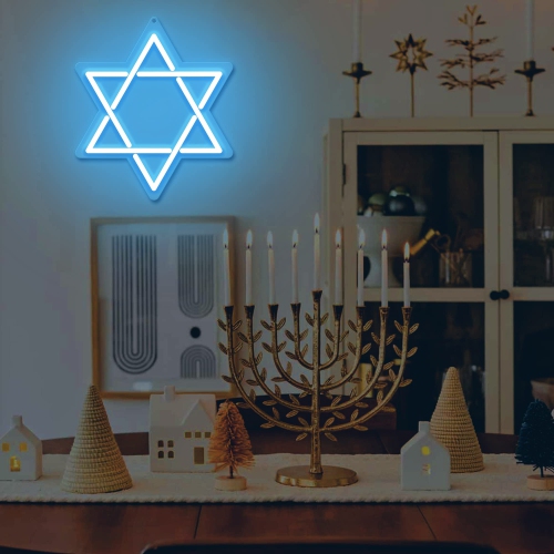 Star of David Neon Sign, Hanukkah Decorations Blue Six Pointed Star Shape Light up Acrylic with USB Powered, LED Neon Light Wall Decor for Jews