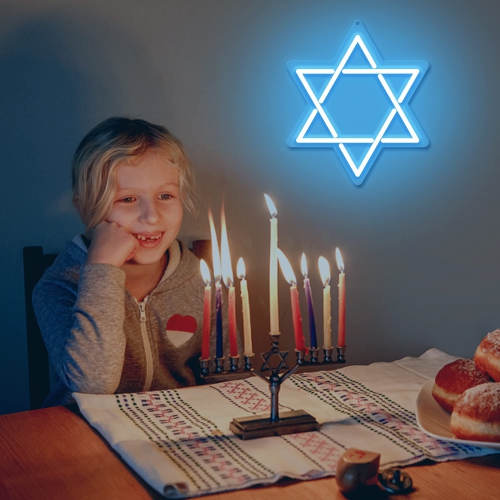 Star of David Neon Sign, Hanukkah Decorations Blue Six Pointed Star Shape Light up Acrylic with USB Powered, LED Neon Light Wall Decor for Jews