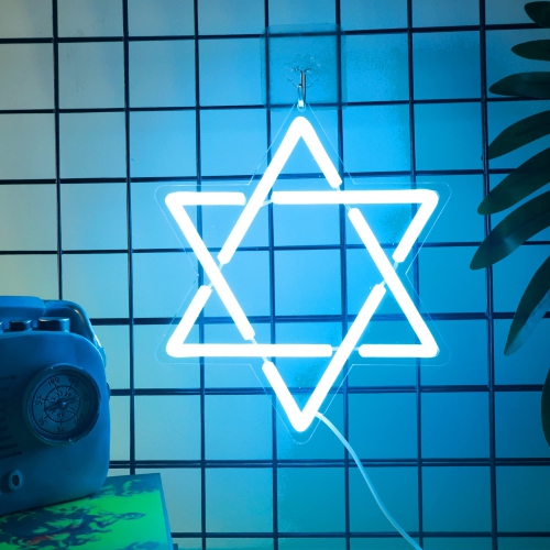 Star of David Neon Sign, Hanukkah Decorations Blue Six Pointed Star Shape Light up Acrylic with USB Powered, LED Neon Light Wall Decor for Jews