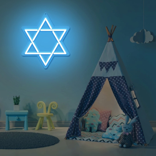 Star of David Neon Sign, Hanukkah Decorations Blue Six Pointed Star Shape Light up Acrylic with USB Powered, LED Neon Light Wall Decor for Jews