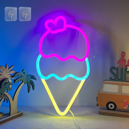 HLD Ice Cream Neon Sign, Light Up Acrylic Led Lamp With USB Powered, Pink Bule Yellow Cone Lights, Wall Decor for Girl Kids Home Bedroom Shop Party Office Birthday Wedding Bar Window