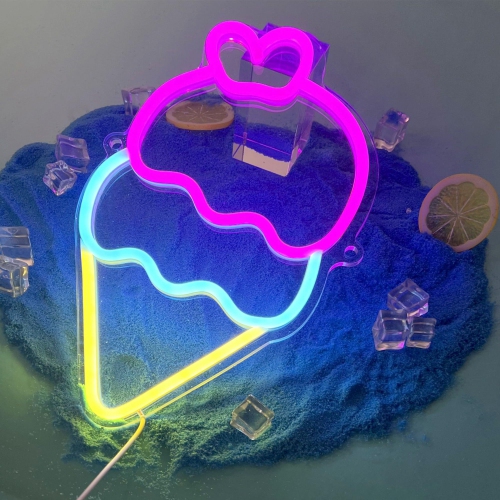 Ice Cream Neon Sign, Light up Acrylic LED Lamp with USB Powered, Pink Bule Yellow Cone Lights, Wall Decor for Girl Kids Home Bedroom Shop Party