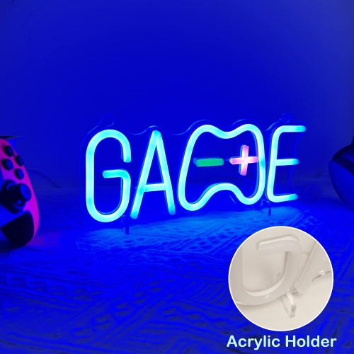 Cool Game Shaped Neon Signs, Light up LED Blue Neon Lights with Stand - Best Gaming Wall Room Party Decor Accessories -Birthday Gift for Teen Boys