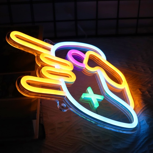 Light up Game Rock Hand Shaped Neon Signs, Acrylic Neon Lights with USB Powered, LED Wall Decor for Teen Boys Gaming Room Birthday Party Gifts