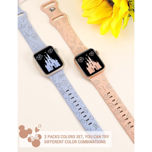 2 Packs Cartoon Engraved Bands Compatible with Apple Watch Bands 41mm 40mm 38mm Women, Cute Anime Designer Soft Silicone Strap for iWatch Series
