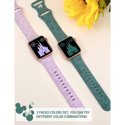 2 Packs Cartoon Engraved Bands Compatible with Apple Watch Bands 41mm 40mm 38mm Women, Cute Anime Designer Soft Silicone Strap for iWatch Series