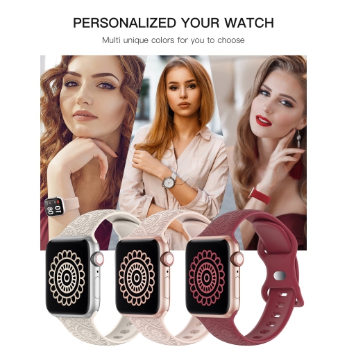 3 Packs Compatible with Apple Watch Band 38mm 40mm 41mm Women Men Silicone Laser Engraved Flower Pattern Bracelet Sport Straps for iWatch Series 8 7